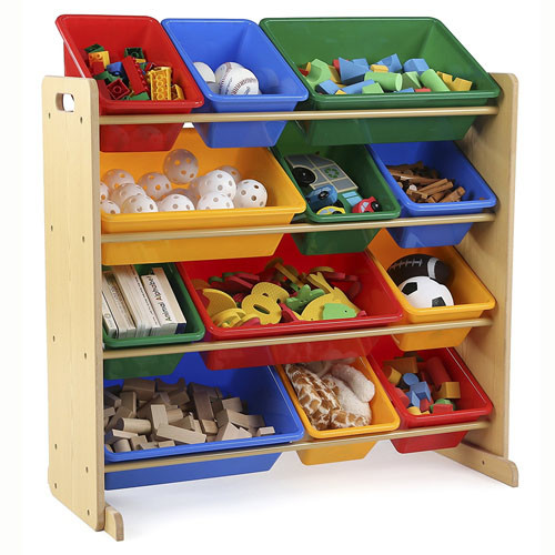 Tot Tutors Kids Toy Storage Organizer with 12 Plastic Bins Natural Primary (Primary Collection)