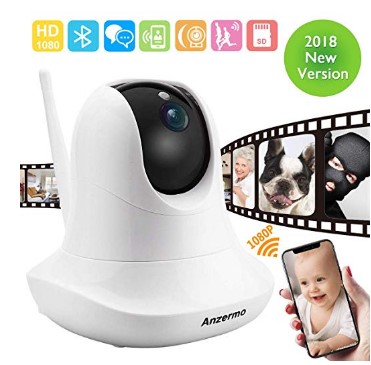 Dome Camera 1080P, Anzermo Full HD Wireless Baby Monitor, WiFi Camera, Preceded Night Vision, Two-way Audio Talk/ Mic, Pan Tilt Zoom Flexible IP Camera for Indoor Security,Smartphone PC Tablet, White 